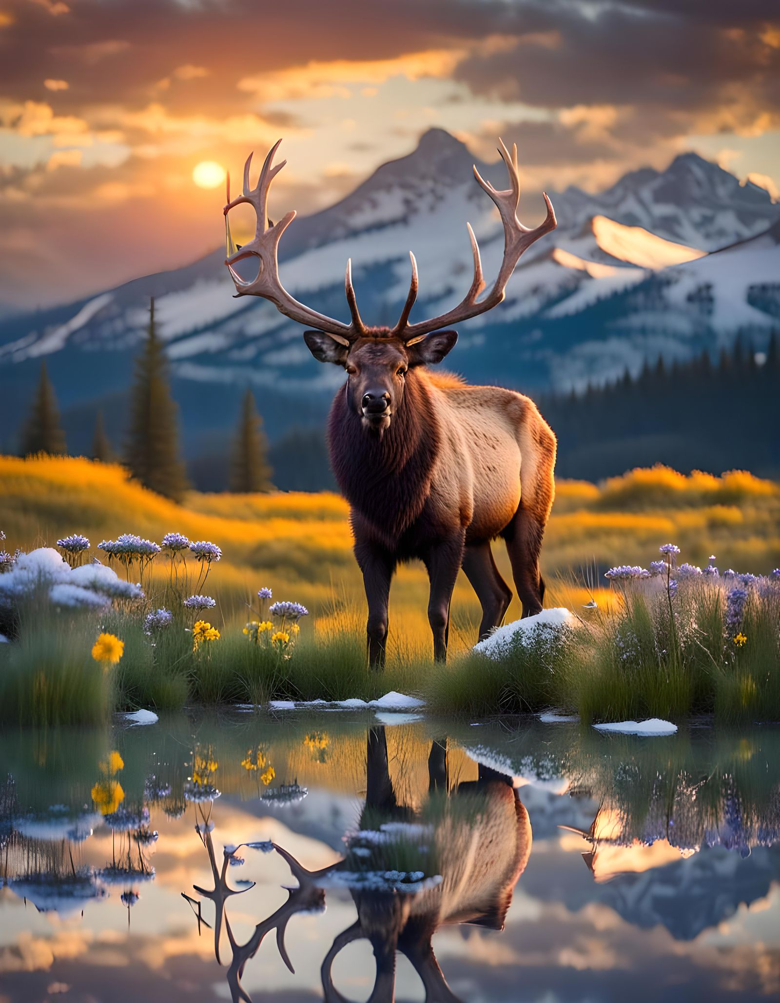 Elk on Mirrored Ice at Sunset