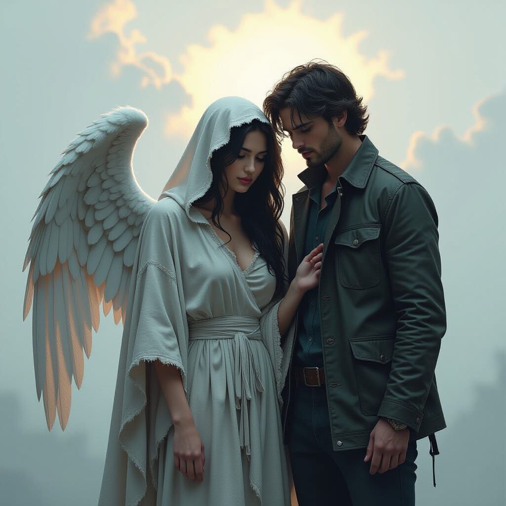 Wounded Angel Supported by Human, Mystical Backdrop