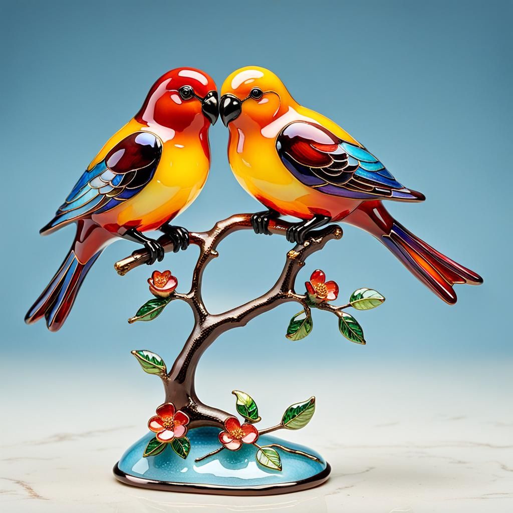 Enameled Glass Lovebirds Figurine