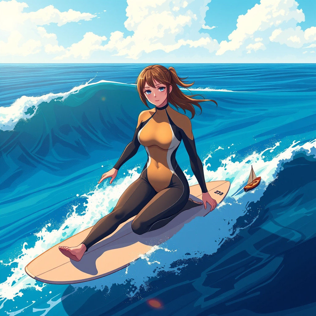 Giant Surfer Girl in Manga Style on the Ocean