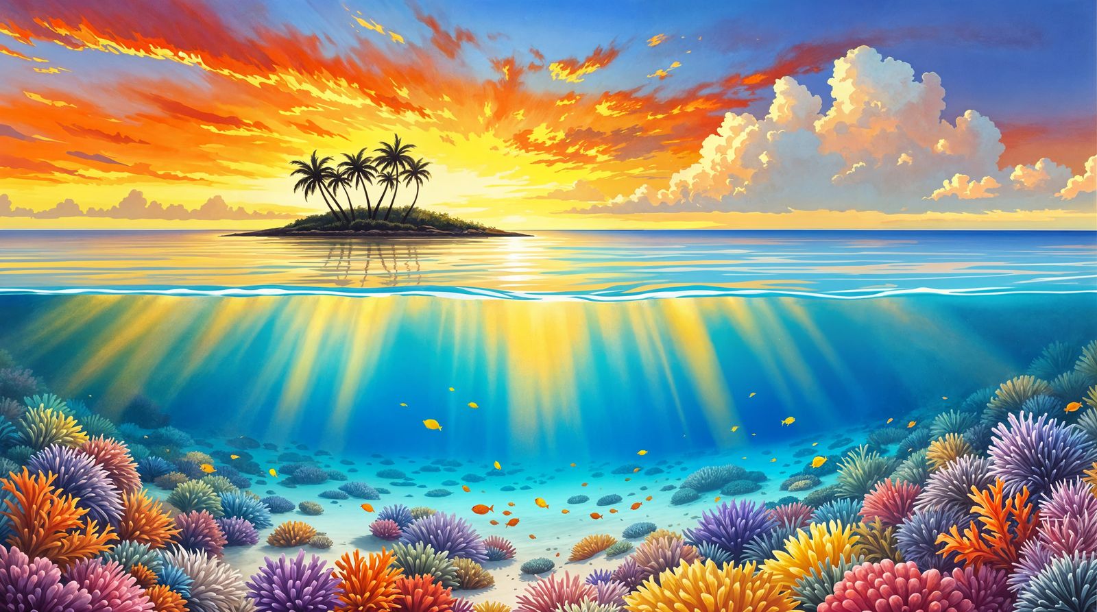 Surreal Tropical Island Sunset with Underwater Reef