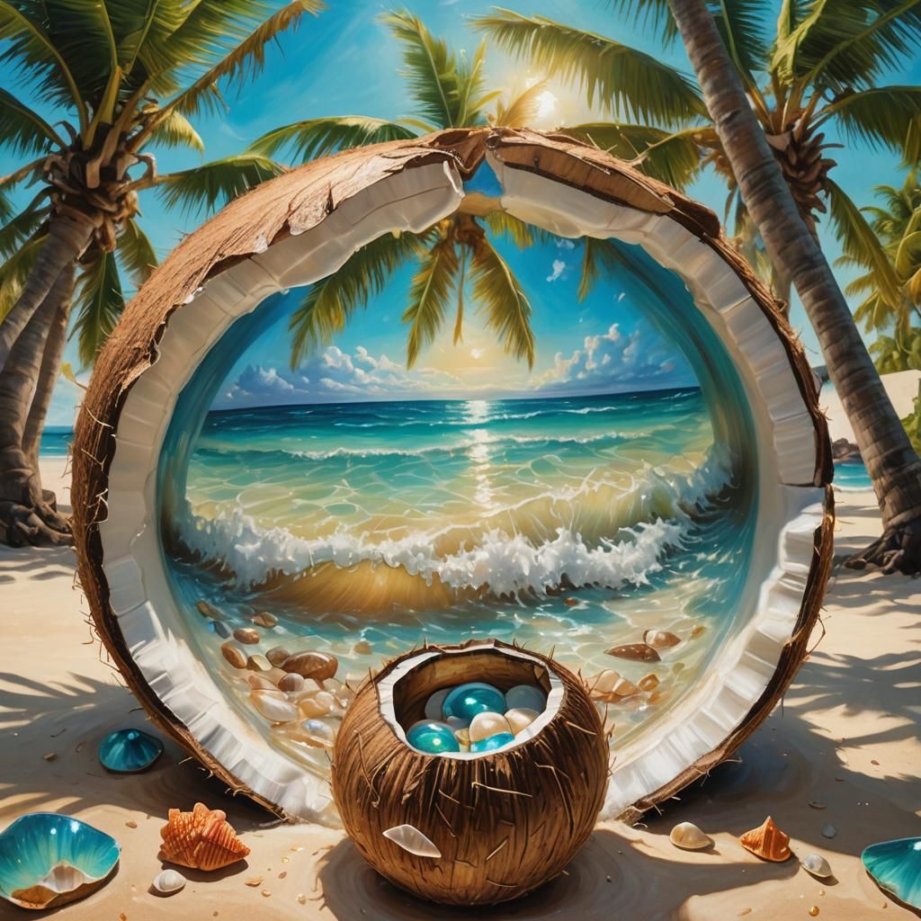 Beach Scene Inside Coconut Shell: Magical Realism