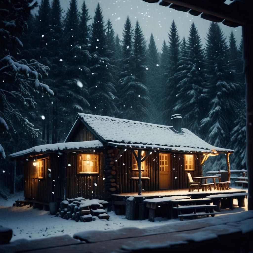 Snowy Forest Hut in Cinematic Style