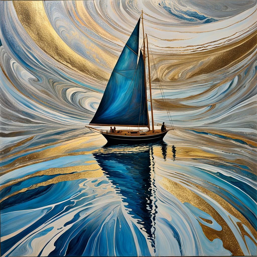 Marbling Art: Silver Girl Sailing in Gold and Blue