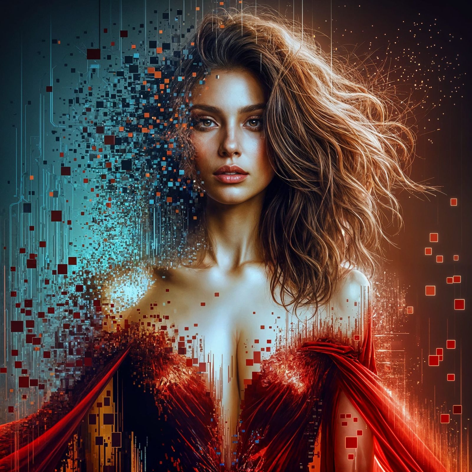 Hispanic Woman Disintegrating into Pixels as CGI Render