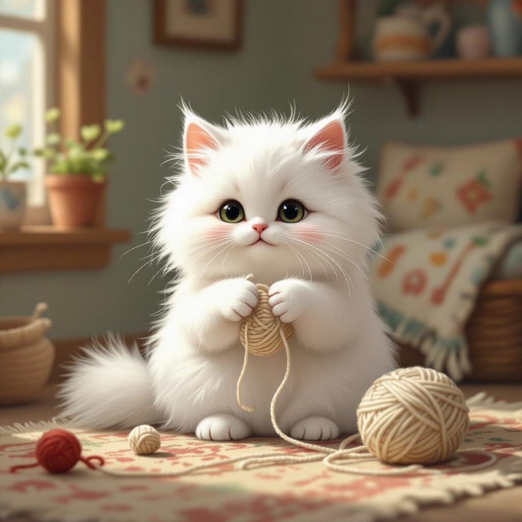 Fluffy Cat Playing with Yarn in Whimsical Illustration Style