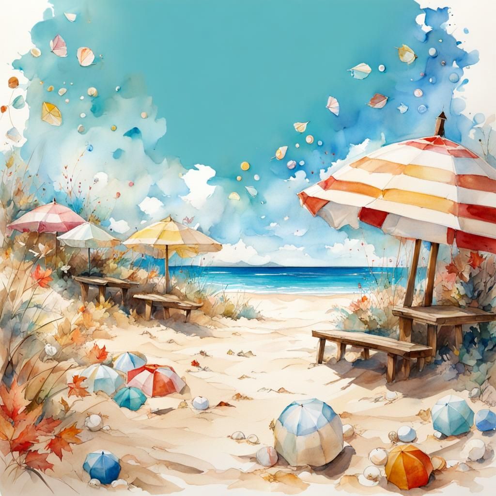 Chibi Beach with Unusual Textures in Watercolor Style