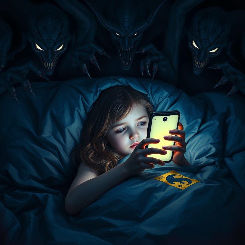 Girl with Phone Surrounded by Demons: Dark Fantasy Art