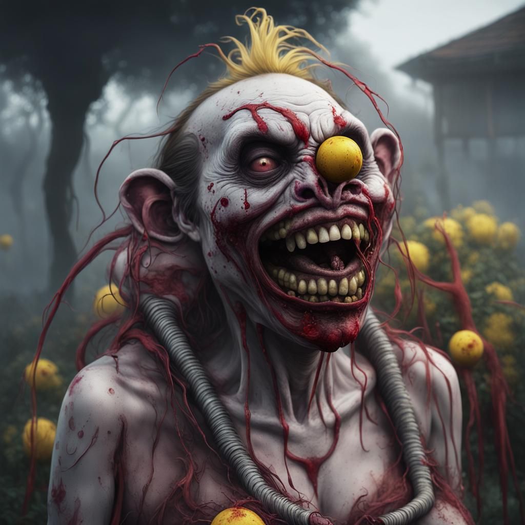 Creepy Zombie Monkey Clown in Dark Garden