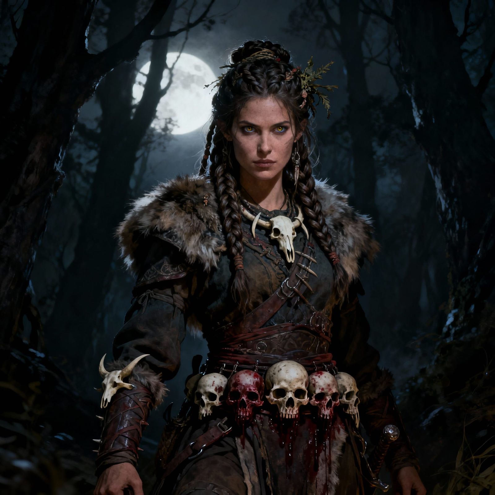 Mystical Forest Warrior in Dramatic Moonlight