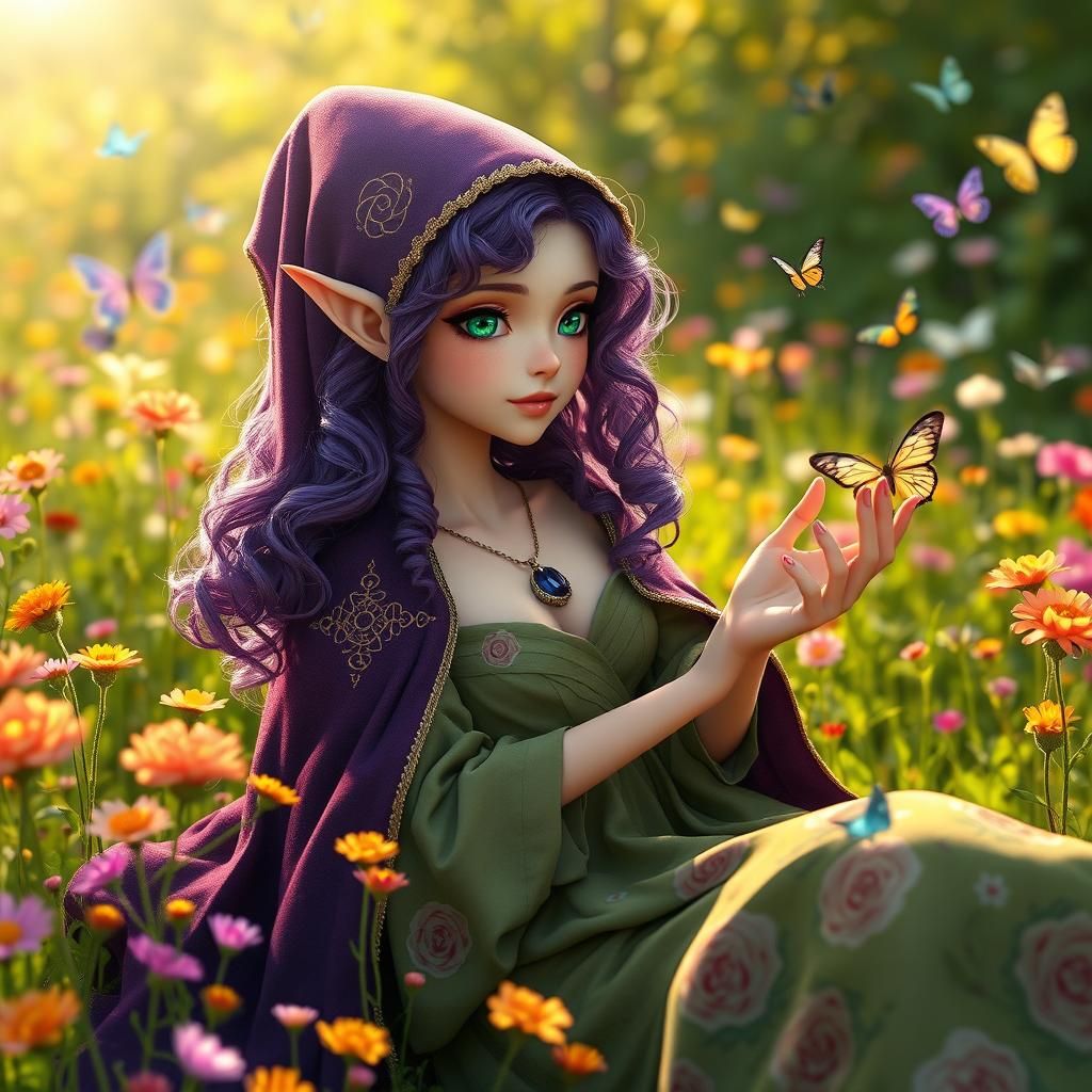 Elf Lounging in Flower Field in Anime Style