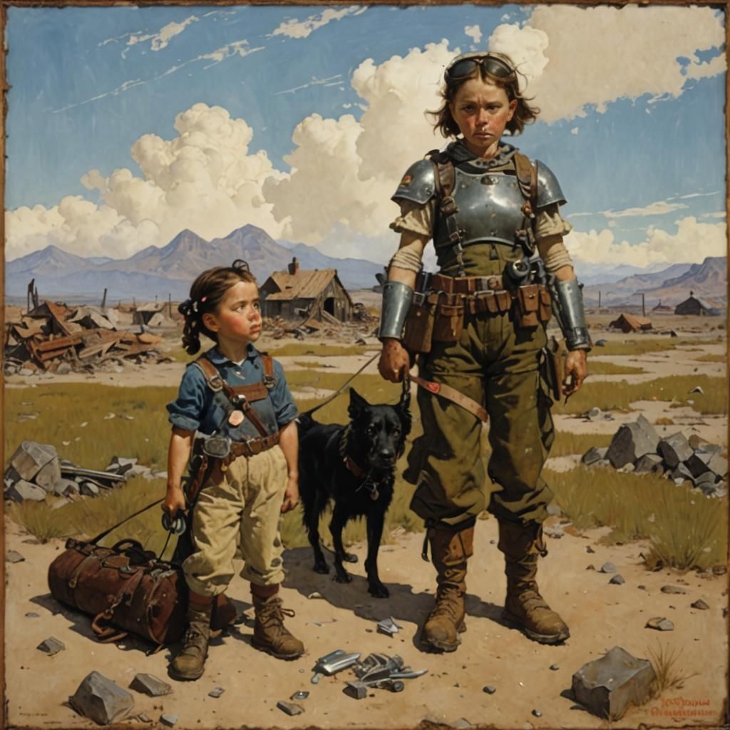 Wasteland Girl and Dog in Rockwell Style
