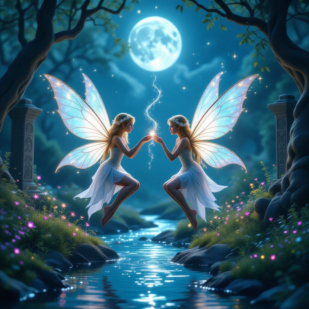 Enchanted Fairies by Sparkling Stream Under Silver Moon