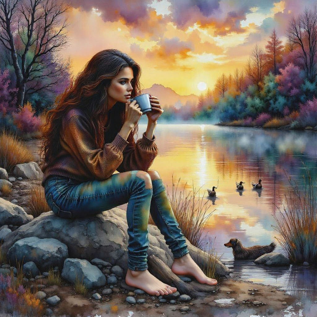 Girl Sipping Coffee at Lake in Hyperrealistic Style