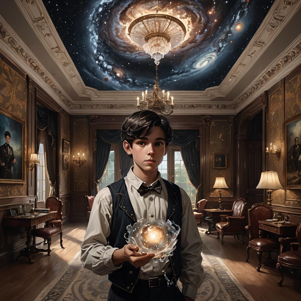 Boy Holds Galaxy in Marble in Victorian Room