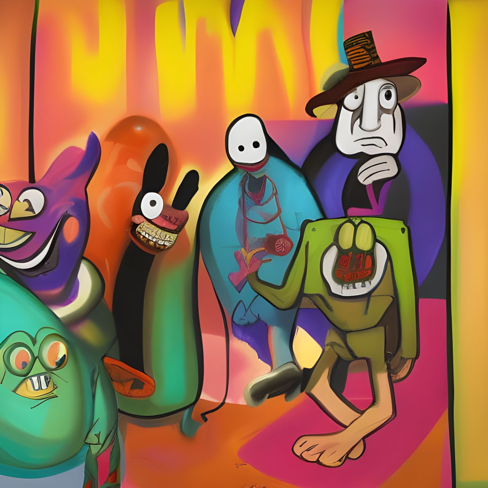 Cartoon Characters in Gropper-esque Oil Painting