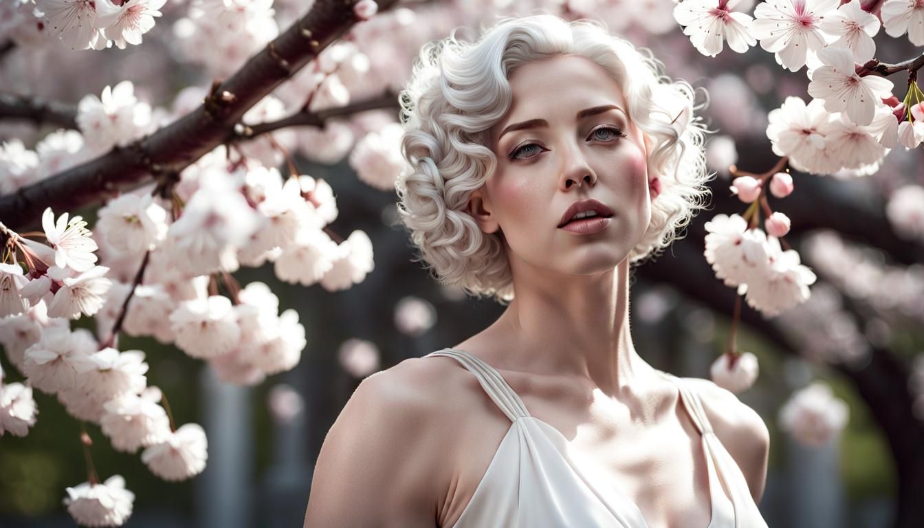 Ethereal Woman in Cherry Blossom Shower
