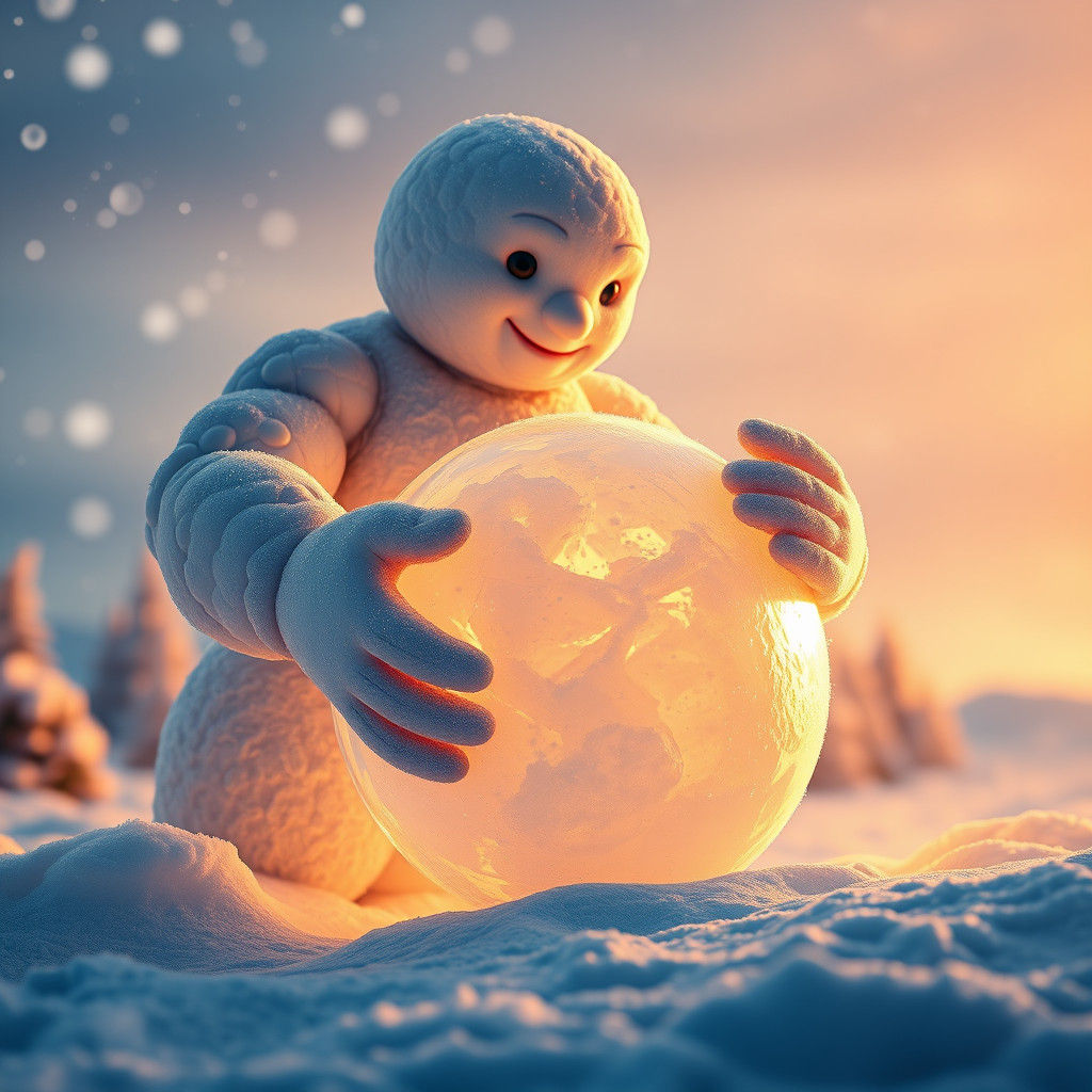 Giant Snowman Rolling Snowball in Photorealistic Detail