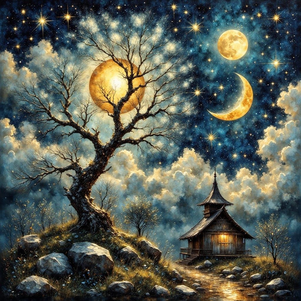 Surreal Starry Forest in Wabi-Sabi Style