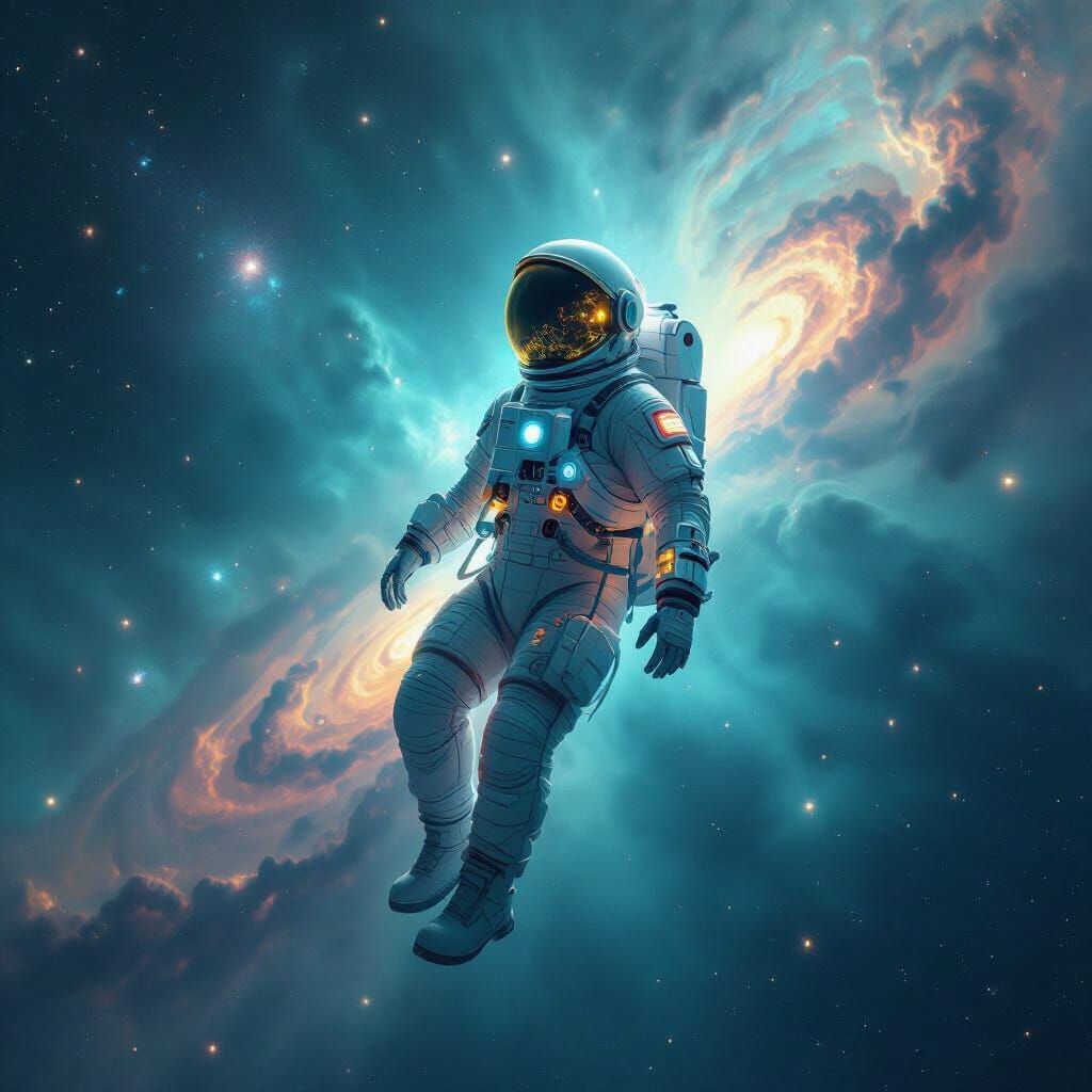 Astronaut Adrift in Glowing Nebula, Cosmic Art Style