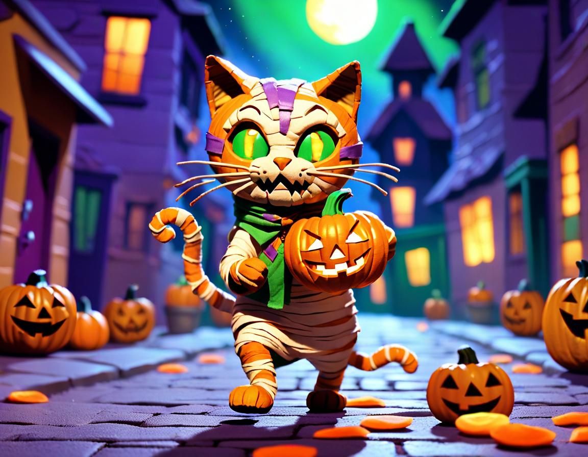 Mummy Cat's Halloween Mishap in Cinematic Style