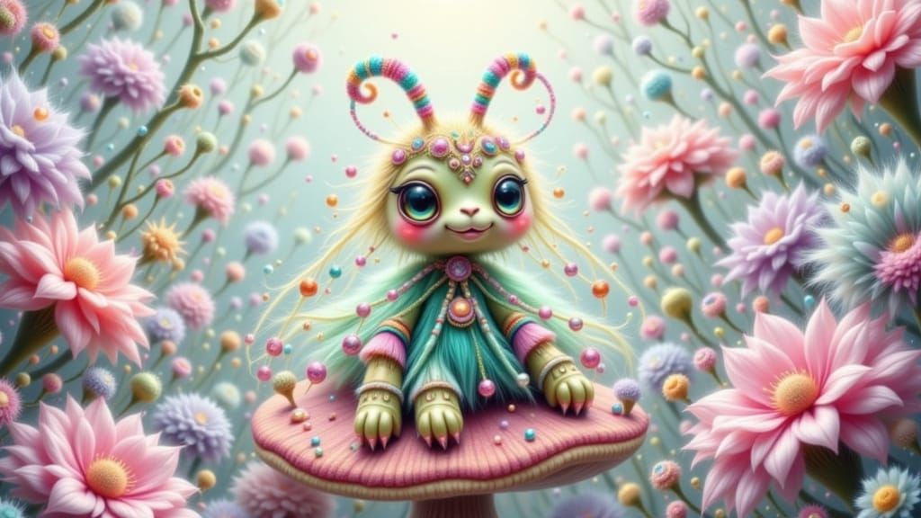 Fluffy Caterpillar on Toadstool, Blended Media Art