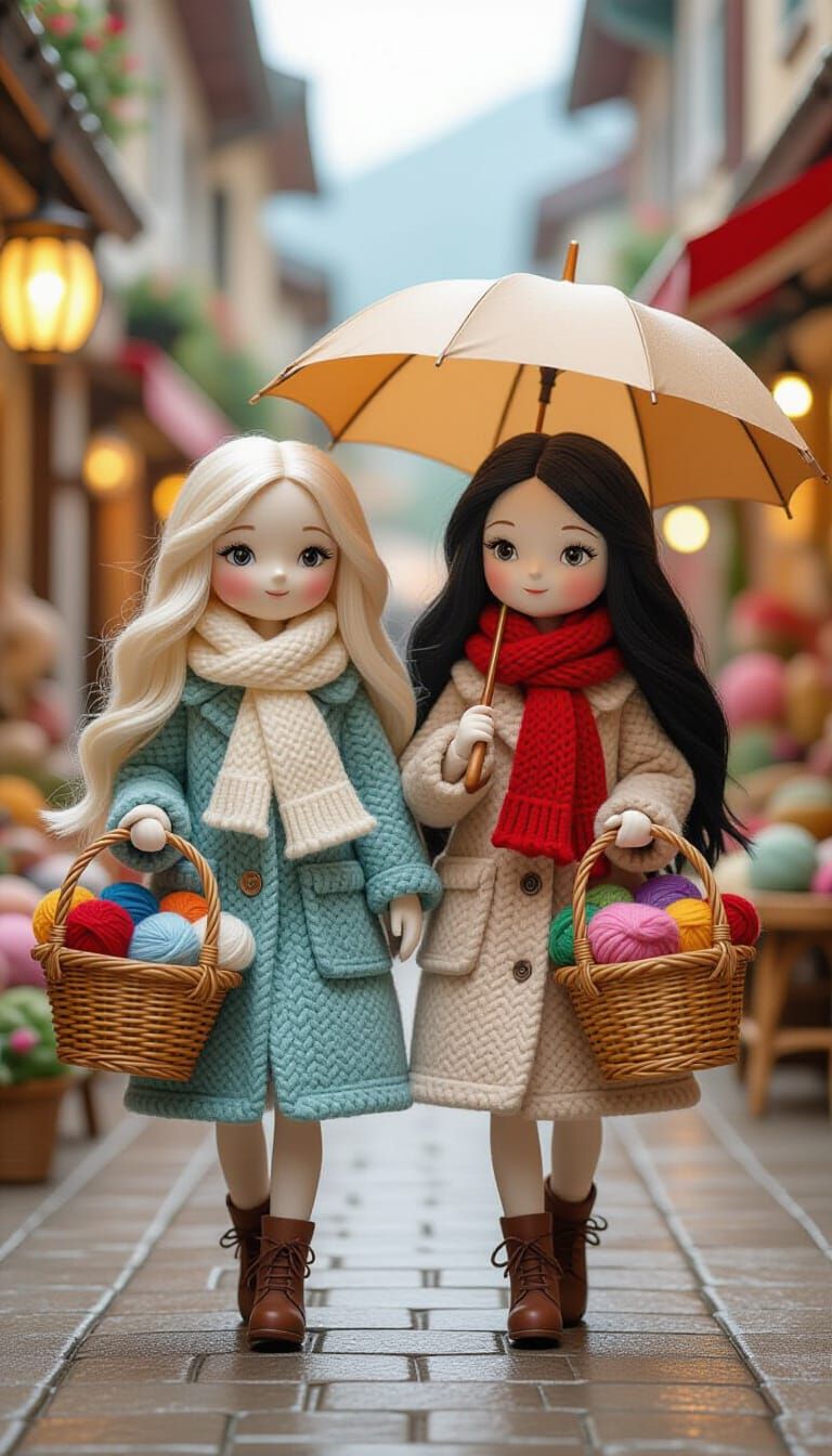 Wool Doll Women with Baskets on Cozy Street