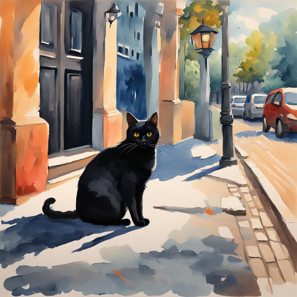 Black Cat in Street, Gouache Watercolor Painting