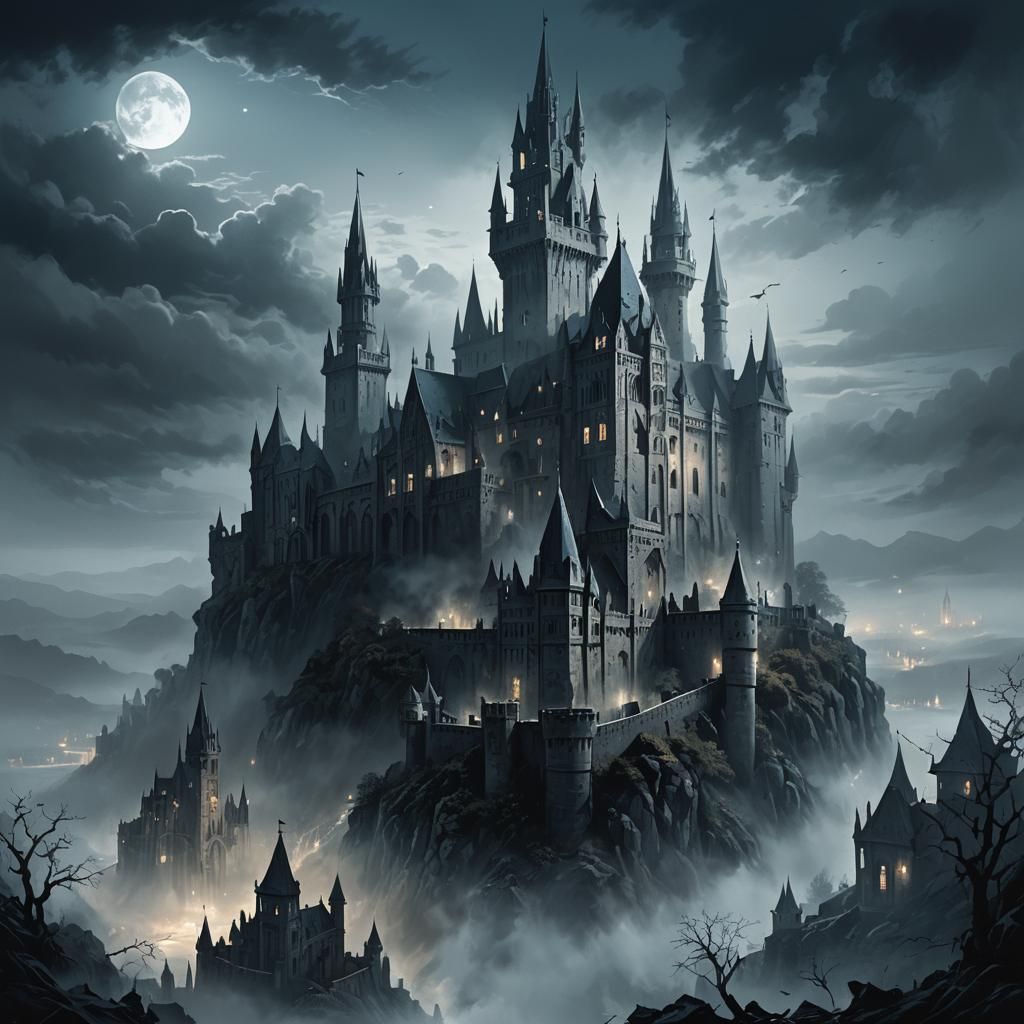 Gothic Castle Shrouded in Moonlight and Fog