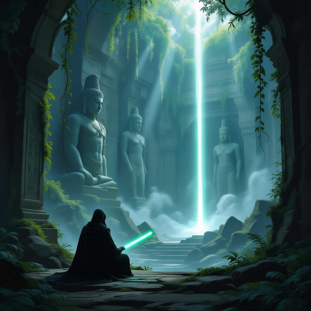 Jedi Knight Meditates by Ancient Ruin in Cinematic Style