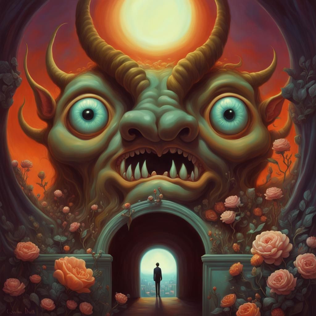 Demon Guarding Hell Portal in Surrealist Style