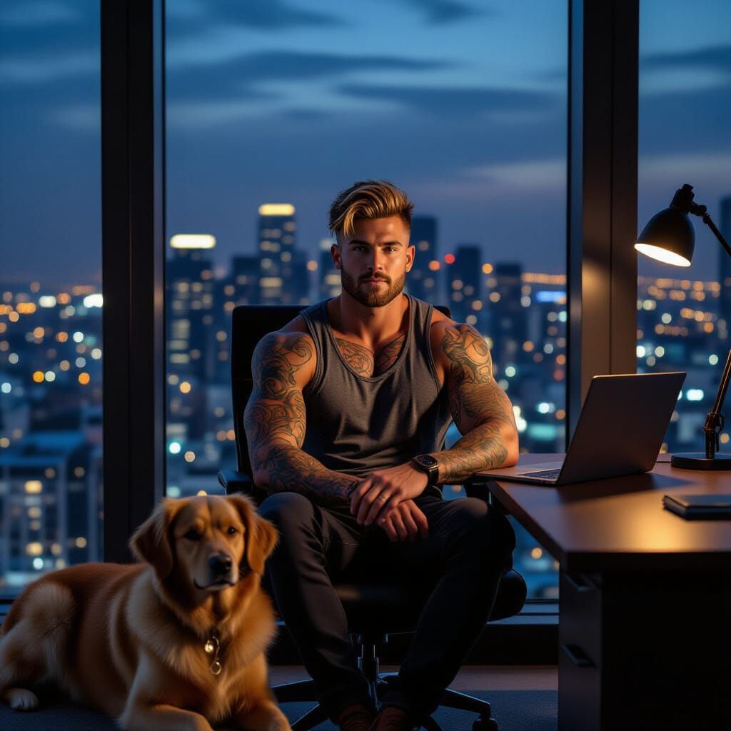 Athletic Man in High-Rise Office with City View