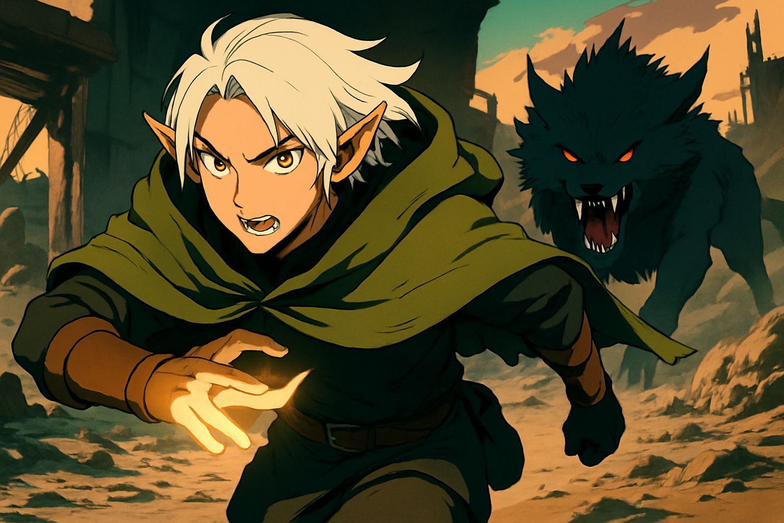 Elf Mage Running From Beast: Cel-Shaded Manga Scan