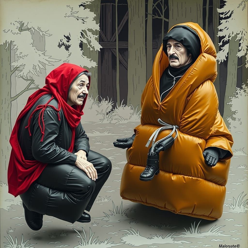 Black Balloon Figures Levitate in Dark Forest, Linocut Style