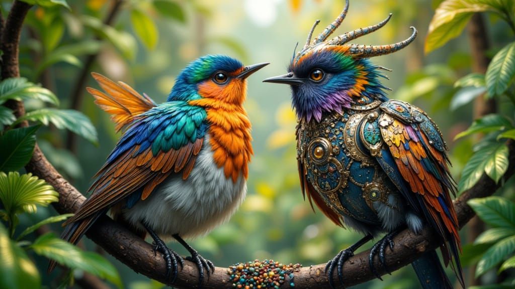 Steampunk Birds in Armor Discussing Seed Dispenser Defense