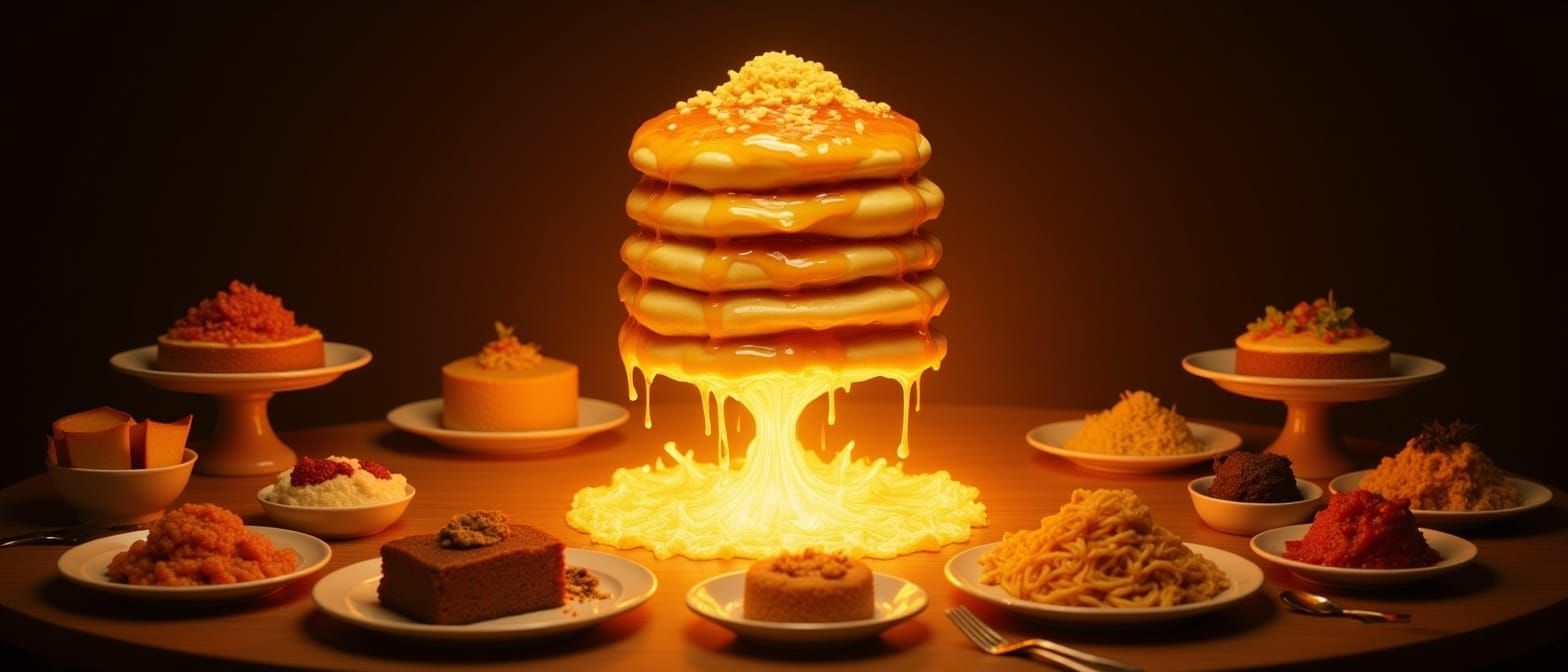 Surreal Glowing Banquet with Floating Pancakes