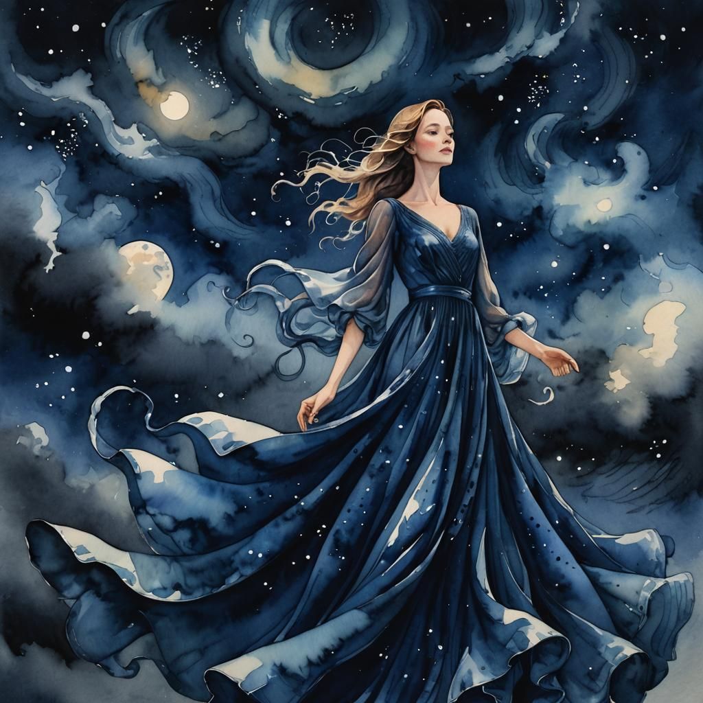 Ethereal Lady Under Starry Sky in Watercolor Style