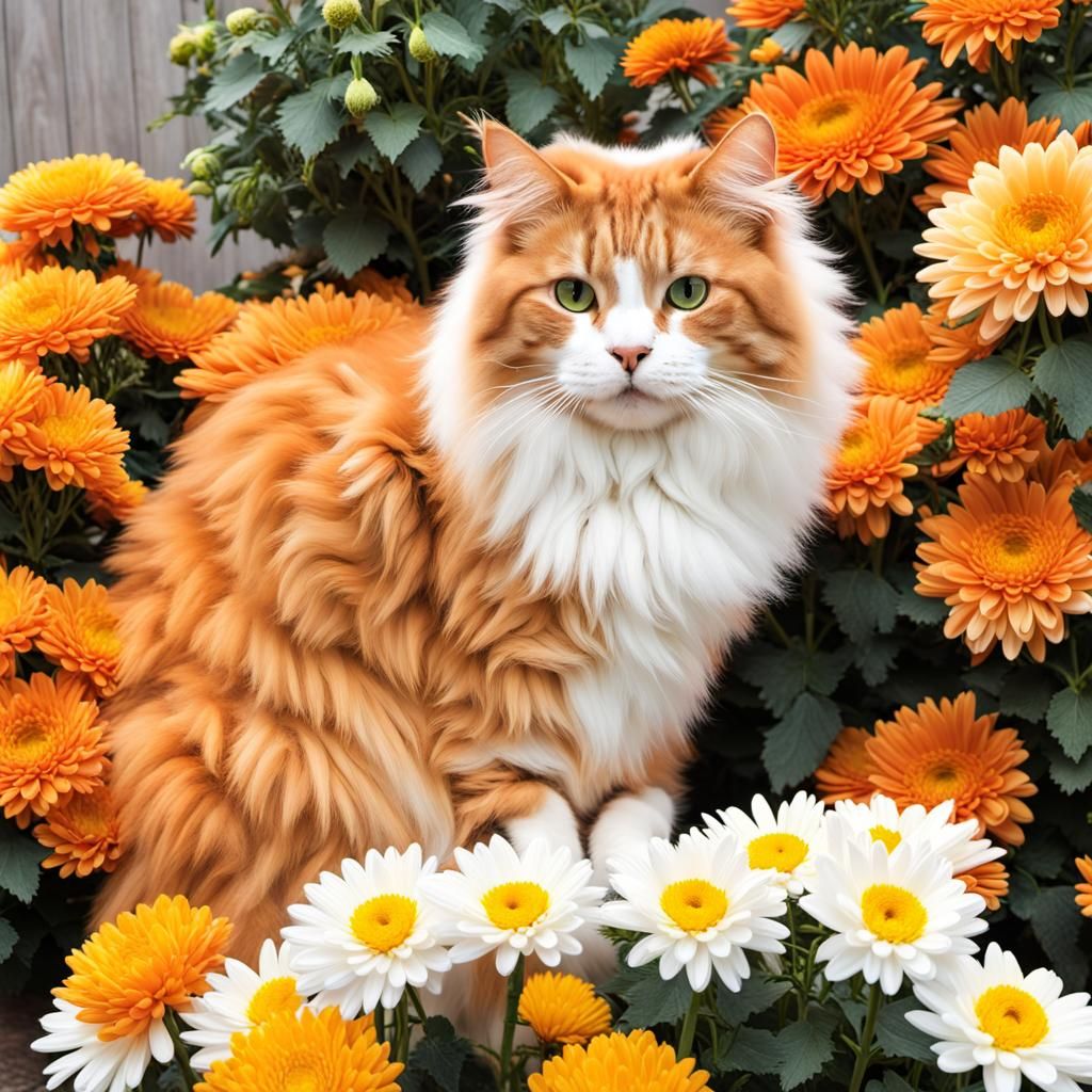 Fluffy Orange Cat Amongst Colorful Chrysanthemums