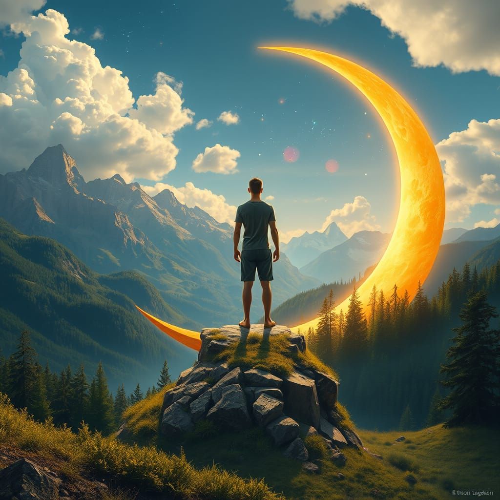 Dreamy Crescent Moon Landscape with Human Figure in James Gu...