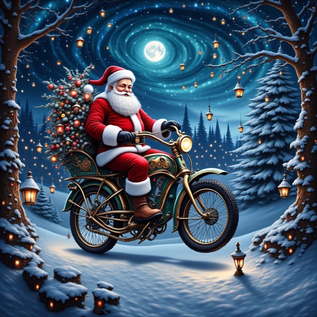 <lora:Cytafae:1.0> Santa's reindeer stayed at home. One of Santa's elves built a magic bicycle. Santa could ride the bic...
