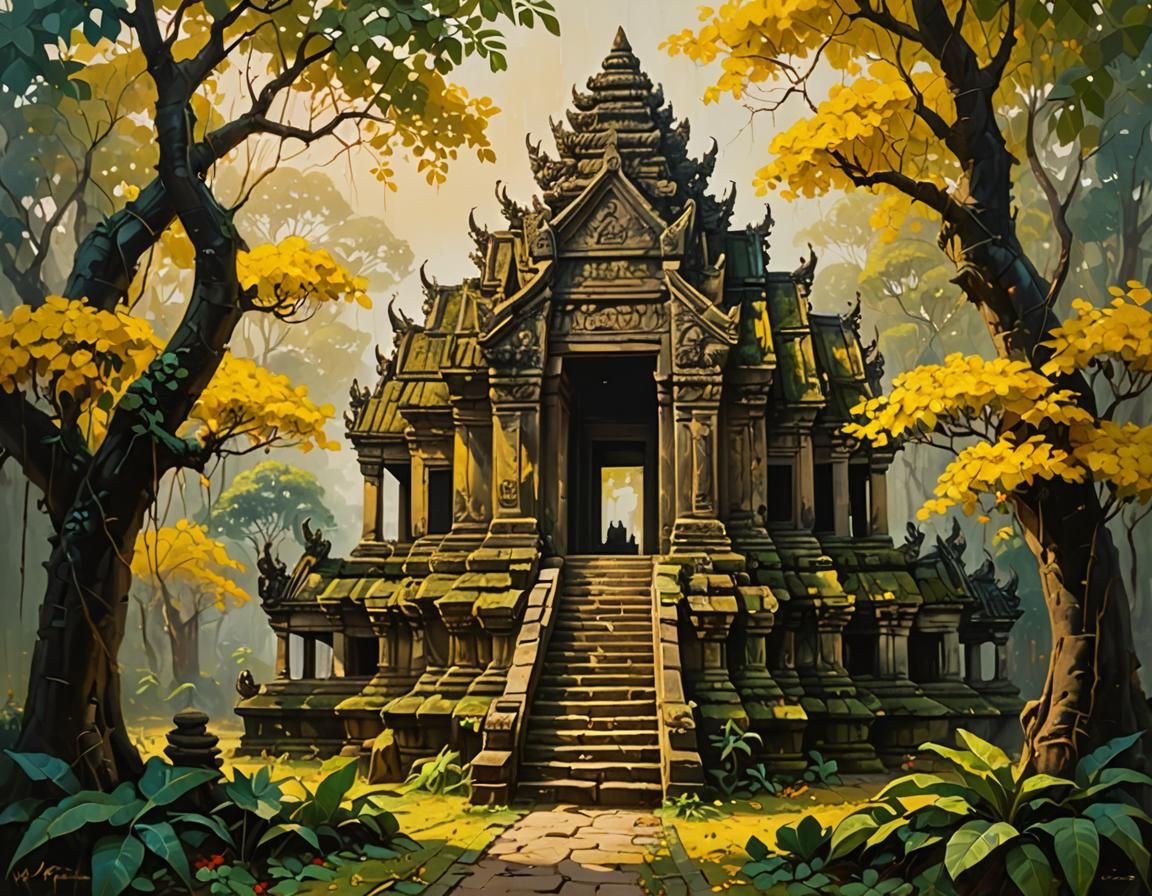 Ancient Khmer Temple Reclaimed by Nature, Impressionist Oil ...