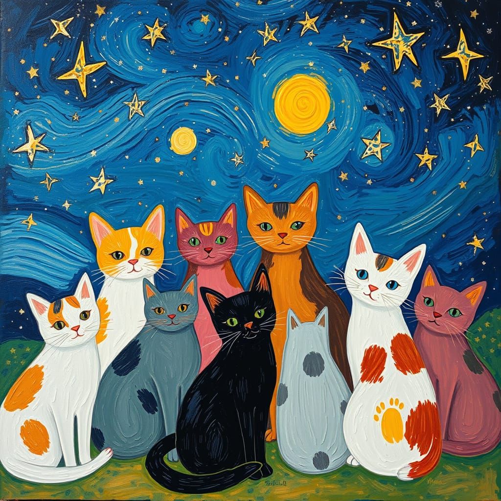Celestial Gathering of Whimsical Cats in Impasto Paint