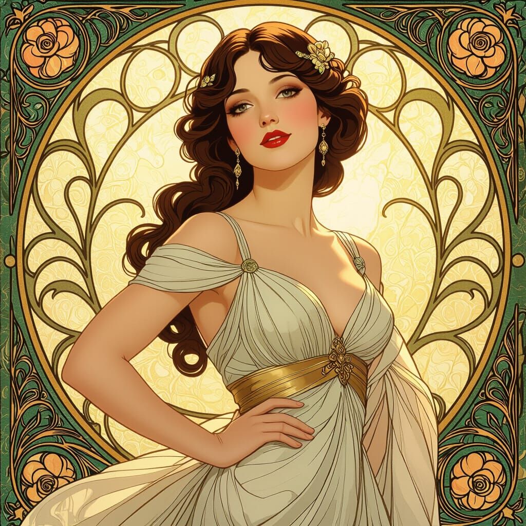 Elegant Woman Posing in Golden Light, Art Nouveau Style