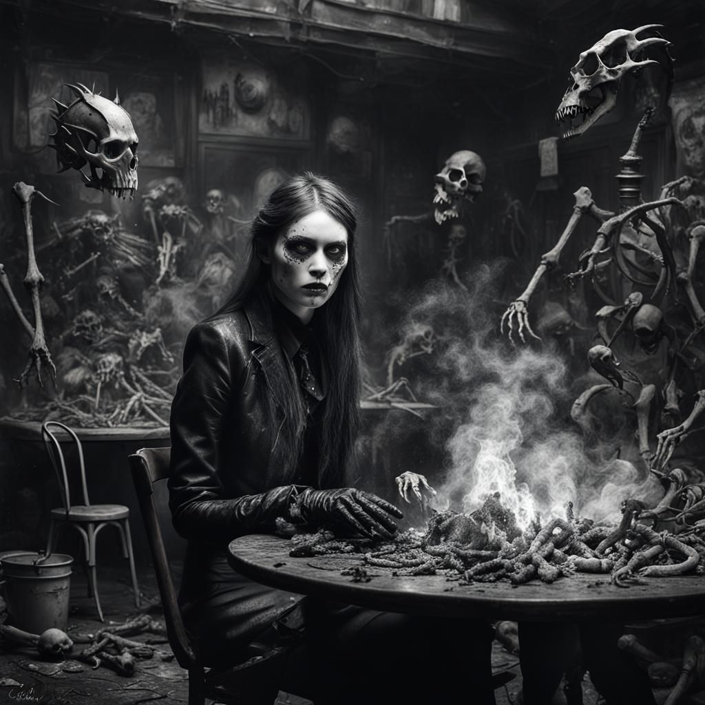 Goth Model in VR with Fire and Dinosaur Skeletons