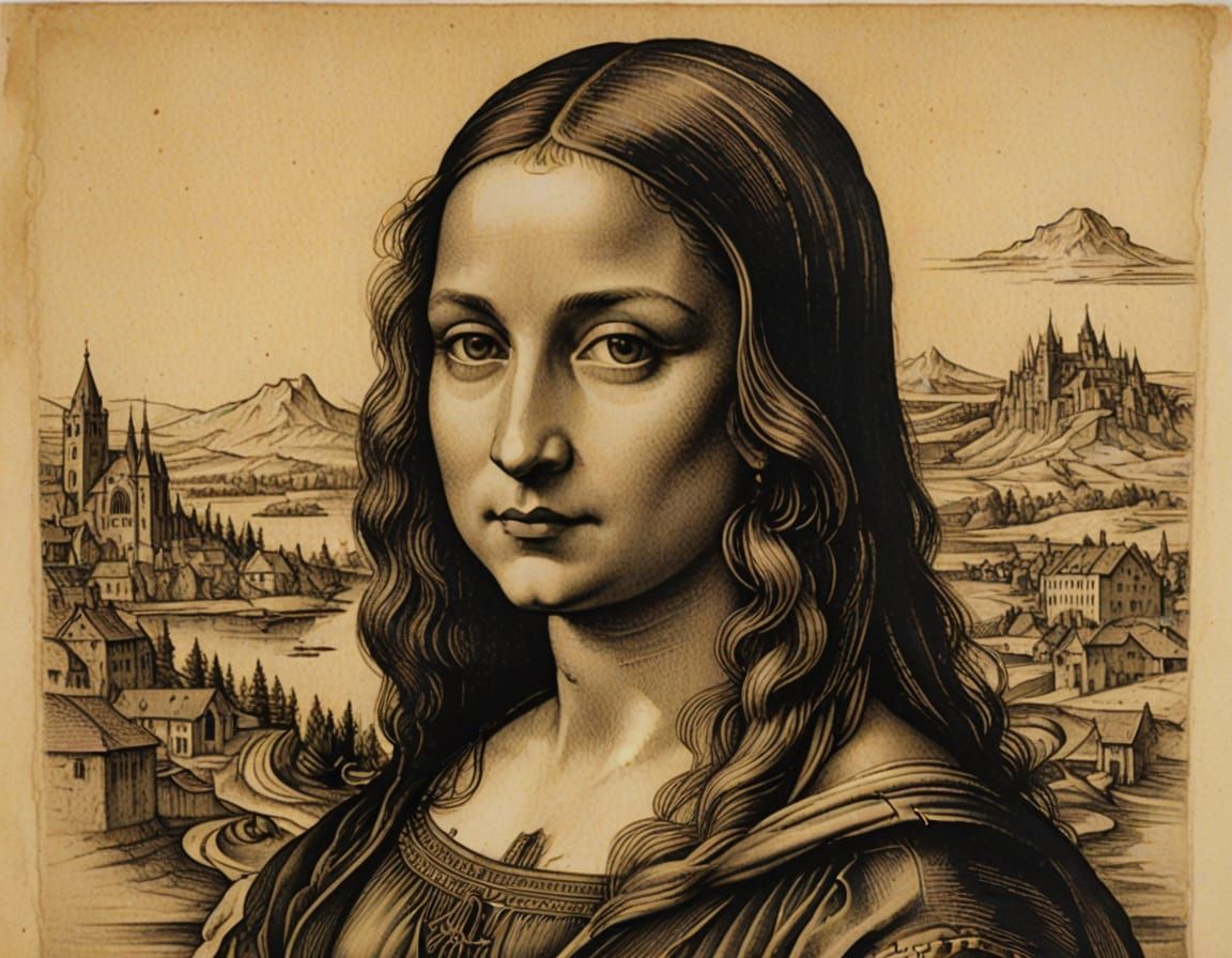 Sepia-Toned Renaissance Revival Line Drawing of the Mona Lis...