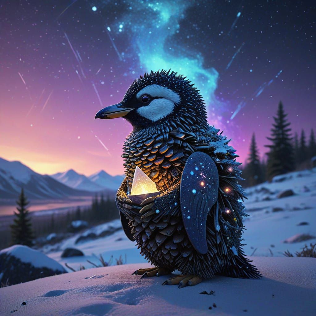 Whimsical Pine Cone Scene in Cyberpunk Winter Wonderland