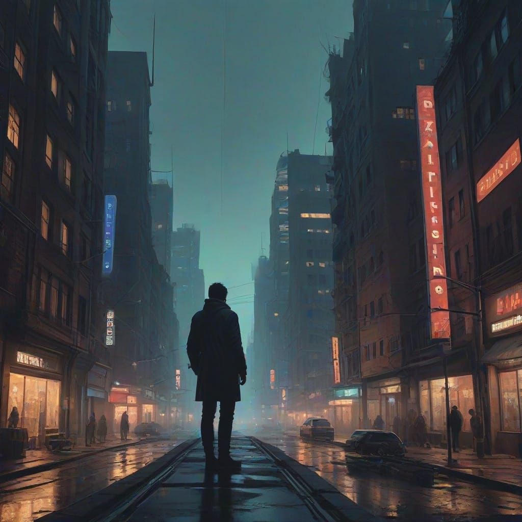 Enigmatic Youth Stares Down at a Glistening City at Night in...