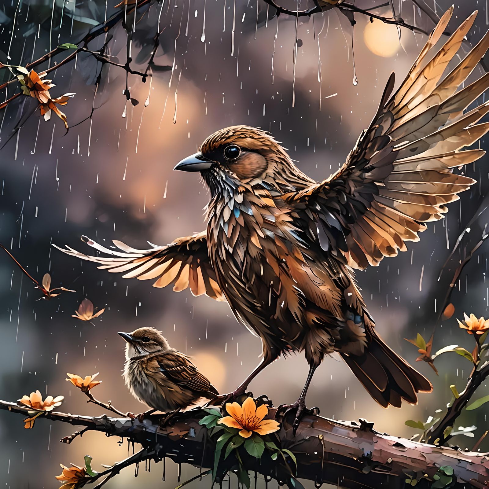 Mother Bird Sheltering Chick: Watercolor Illustration