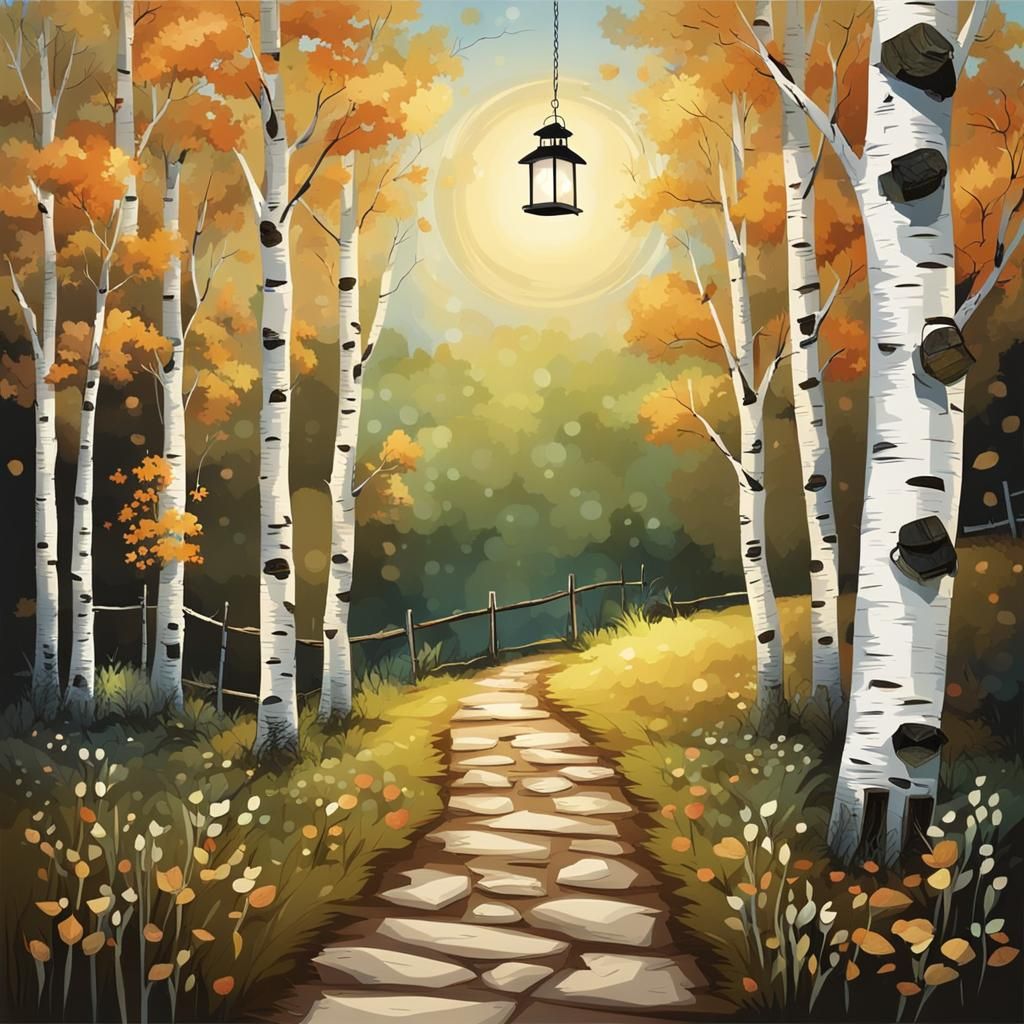 Birch Landscape with Lantern Light