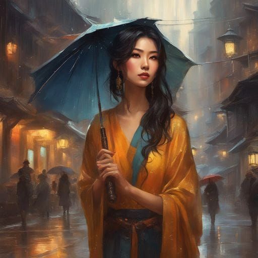 Beautiful Asian Woman in Rainy Street, Splash Art Style
